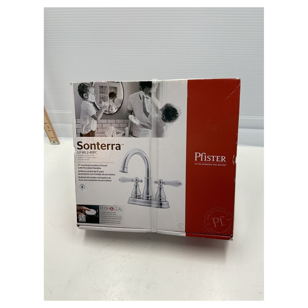 Pfister Sonterra 4" Centerset Bathroom Faucet Polished Chrome Porcelain Handles